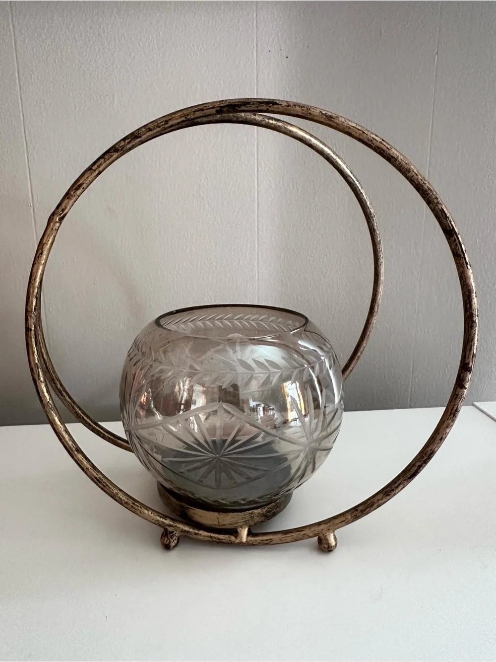 Etched Glass Globe With Distressed Brass Hoop Frame - Candle Holder or Planter
